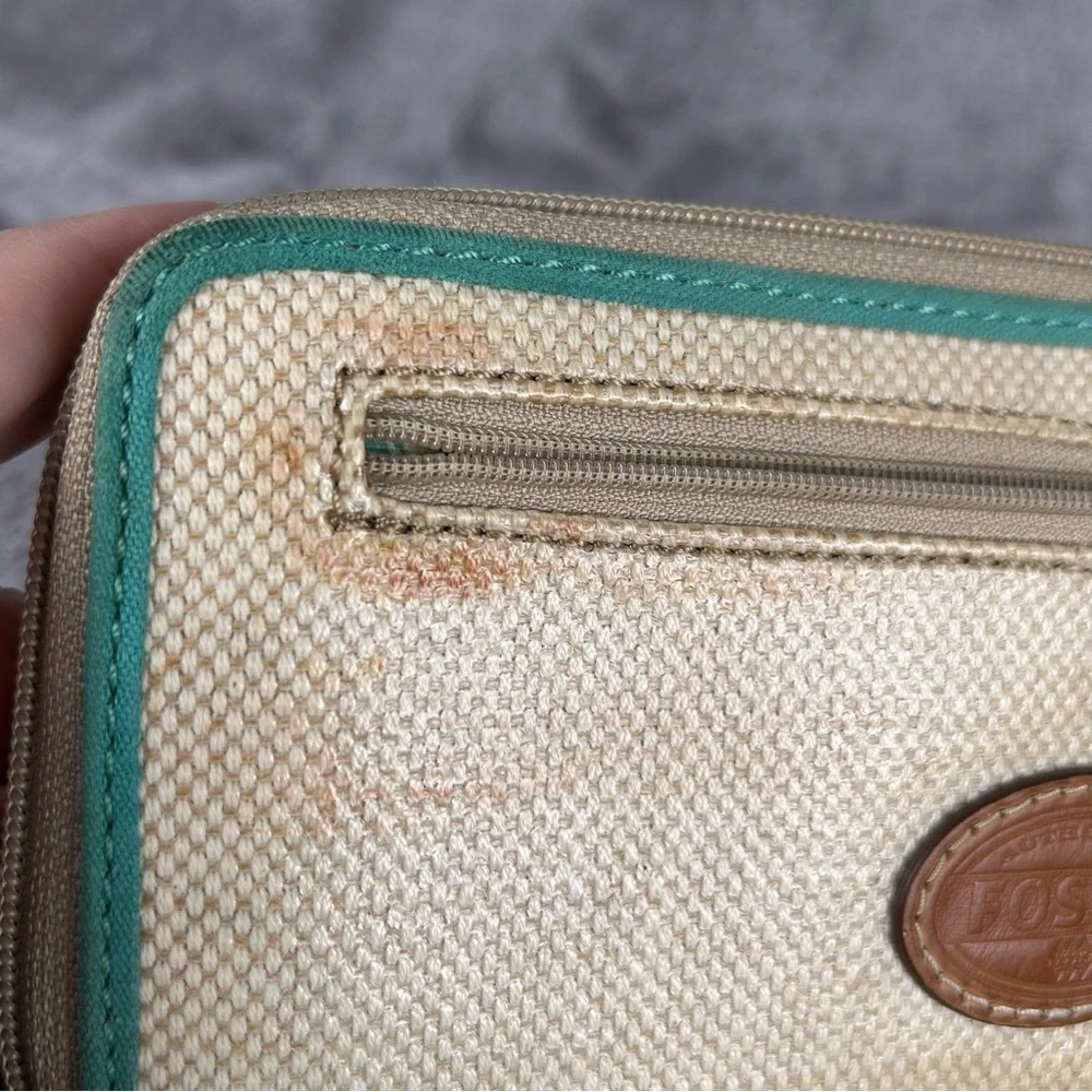 Fossil Zip‎ Around Woven Canvas Wallet Polka Dots Beige Tan With Turquoise Flaws